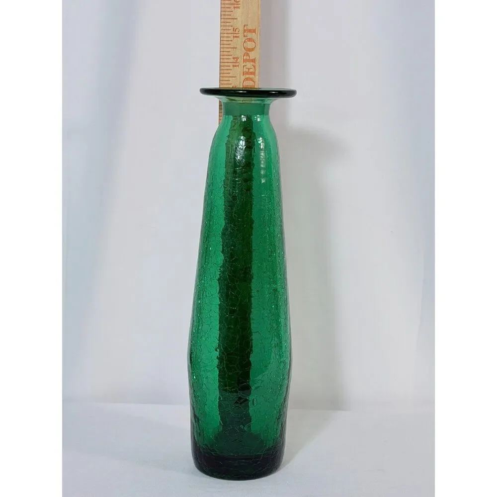 VTG Emerald Green Crackle Glass Tall Mod Large Vase Decanter Decor Art Glass